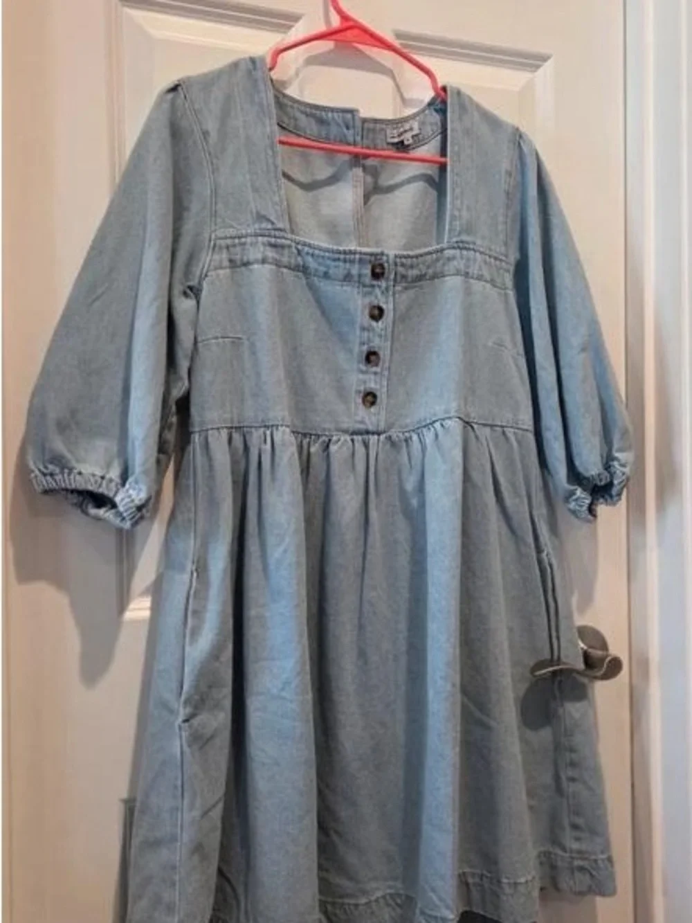 Girls' Light Blue Denim Square-Neck Dress with Puff Sleeves